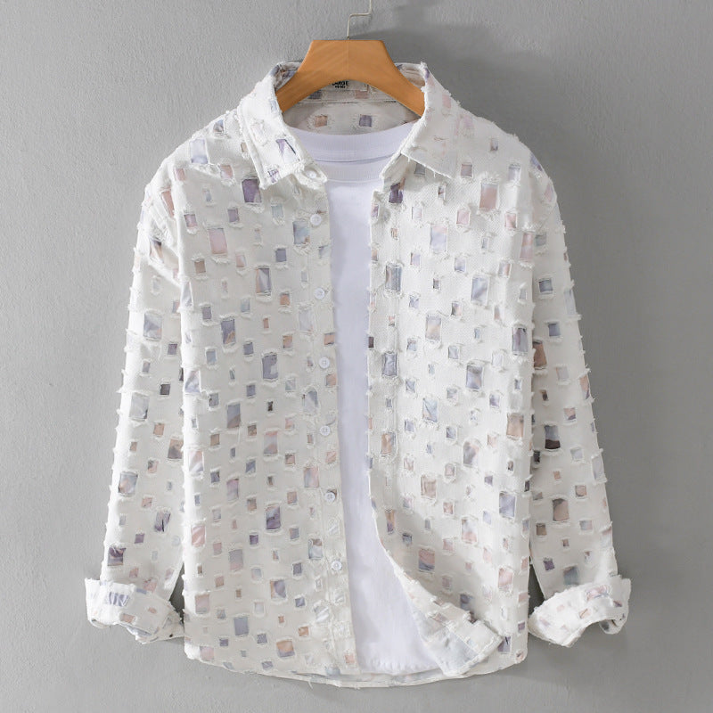 Men's frayed denim button-down shirt with colorful accents and durable design, white front shot